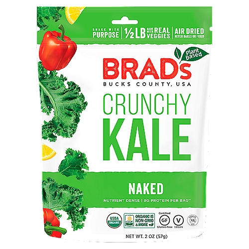 Brad's Plant Based Naked Crunchy Kale, 2 oz
8g Protein per Bag⁺⁺
⁺⁺One bag equals 2 oz

Made with 1/2 Lb of Real Veggies!⁺
⁺Weight before vegetables are stripped and cut

A lot for a little. No need to buy and prepare mounds of organic veggies when they are already in this bag!
Red bell pepper - Vitamin C
Sunflower seeds - Vitamin E, magnesium
Cashews - Protein
Chickpea miso - Soy-free

Why kale? Kale contains iron, calcium, vitamins A and C, and more nutrients than any other vegetable.

Air Dried. Better than Baked or Fried.
People know that baked is better than fried.
Did you know air-dried is better than both?
Our low heat air-dried process allows water to evaporate while keeping in the phytonutrients, enzymes, and antioxidants without adding any oil.