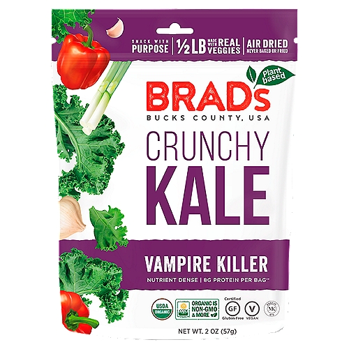 Brad's Plant Based Vampire Killer Crunchy Kale, 2 oz
8g Protein per Bag⁺⁺
⁺⁺One bag equals 2 oz

Made with 1/2 Lb of Real Veggies!⁺
⁺Weight before vegetables are stripped and cut

A lot for a little. No need to buy and prepare mounds of organic veggies when they are already in this bag!
Red bell pepper - Vitamin C
Sunflower seeds - Vitamin E, magnesium
Lemon - vitamin C
Chickpea miso - Soy-free

Why kale? Kale contains iron, calcium, vitamins A and C, and more nutrients than any other vegetable.

Air Dried. Better than Baked or Fried.
People know that baked is better than fried.
Did you know air-dried is better than both?
Our low heat air-dried process allows water to evaporate while keeping in the phytonutrients, enzymes, and antioxidants without adding any oil.