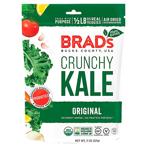 Brad's Plant Based Original Crunchy Kale, 2 oz
Probiotics Promotes Digestion & Immune Health⁺⁺
⁺⁺As part of a balanced diet and healthy lifestyle

6g Protein per Bag⁺⁺⁺
⁺⁺⁺One bag equals 2 oz

Made with 1/2 Lb of Real Veggies!⁺
⁺Weight before vegetables are stripped and cut

A lot for a little. No need to buy and prepare mounds of organic veggies when they are already in this bag!
Sunflower seeds - Vitamin E, magnesium
Chickpea miso - Soy-free
Carrot - Beta-carotene
Tomato - Lycopene

Why kale? Kale contains iron, calcium, vitamins A and C, and more nutrients than any other vegetable.

Tested and trusted probiotics. In more than 20 studies, Ganenden BC30 probiotics have been shown to safely support digestive and immune health.

Air Dried. Better than Baked or Fried.
People know that baked is better than fried.
Did you know air-dried is better than both?
Our low heat air-dried process allows water to evaporate while keeping in the phytonutrients, enzymes, and antioxidants without adding any oil.