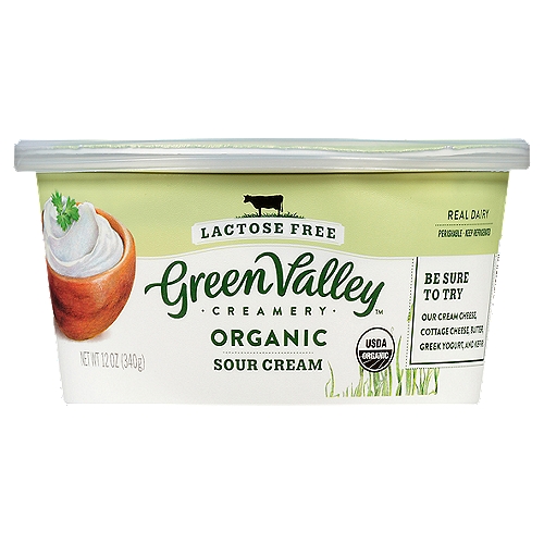 Green Valley Creamery Lactose Free Organic Sour Cream, 12 oz
Patience has its rewards. We slowly culture our lactose-free sour cream for more than a day to give it its delicious sweet, tangy flavor and velvety texture. Made with only three ingredients (cream, cultures, and lactase enzyme), our lactose-free sour cream is sure to become a staple in your kitchen. This is real dairy, with all the richness and versatility you've been craving -- and none of the lactose. Whether transforming dips, adding richness to baked goods, or swirled into sauces and soups, our sour cream will delight you.