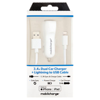 Mobilcharge 3.4A Dual Car Charger + Lightning to USB Cable