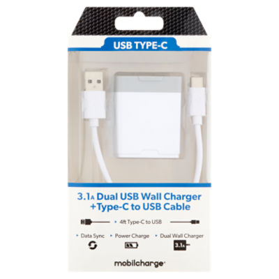 Mobilcharge 3.1A Dual USB Wall Charger +Type-C to USB Cable
