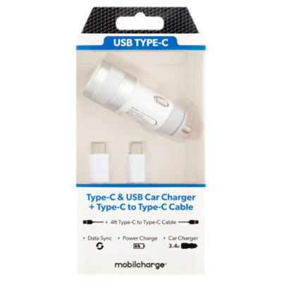Mobilcharge 4ft Type-C & USB Car Charger + Type-C to Type-C Cable