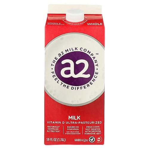 a2 Milk Whole Milk, 59 fl oz
Naturally Contains A2 Protein^
^The a2 Milk® Difference

a2 Milk® comes from cows that naturally produce only the natural A2 protein and no A1
Published research suggests a2 Milk® may help avoid stomach discomfort in some people

We love our cows!
• Our cows are not treated with growth hormone rBST*
• Our farms are Validus™ certified for animal welfare
*No significant difference has been shown between milk from rBST-treated and non rBST-treated cows.