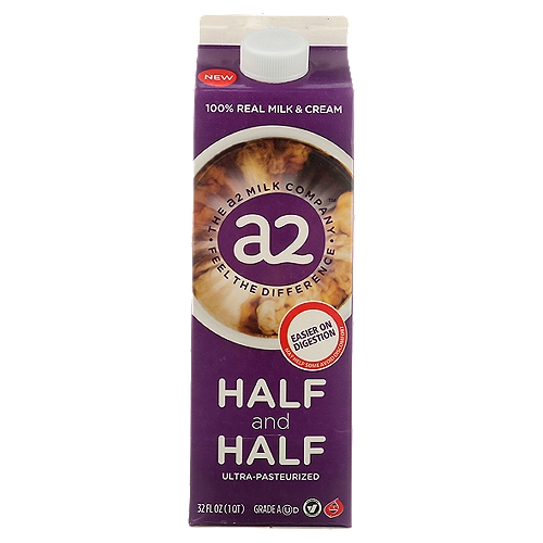 a2 Milk Half and Half Milk & Cream, 32 fl oz
The a2 Milk® difference

a2 Milk® comes from cows that naturally produce only the natural A2 protein and no A1.
Published research suggests a2 Milk® may help avoid stomach discomfort in some people.

We love our cows!
• Our cows are not treated with growth hormone rBST*
• Our farms are Validus™ certified to ensure humane treatment
*No significant difference has been shown between milk from rBST-treated and non rBST-treated cows.