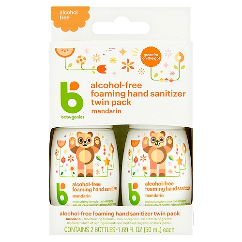 Babyganics Alcohol-Free Mandarin Foaming Hand Sanitizer Twin Pack, 1.69 fl oz, 2 count
Kills 99.9% of germs*
* kills 99.9% of common germs in as little as 15 seconds.

Drug Facts
Active ingredient - Purpose
Benzalkonium chloride 0.1% - Antimicrobial

Uses
• for hand sanitizing to decrease bacteria on the skin
• recommended for repeated use

Product created with plant-derived and other ingredients chosen with babies in mind.
This product does not contain Certified Organic ingredients.
