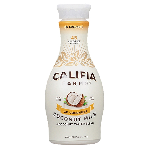 CALIFIA FARMS Go Coconuts Coconut Milk & Coconut Water Blend, 48 fl oz
Go Coconuts Coconutmilk blends thick and luscious coconut milk with light and refreshing coconut water. The result is plant-based perfection: silky-smooth and creamy, mild-tasting with a subtle sweetness, and versatile enough to make your culinary dreams come true. Go Coconuts Coconutmilk is refreshingly drinkable au naturel and makes a no-compromise substitute for dairy in your favorite drinks and recipes. Best of all, it is an excecllent source of calcium and has just 1g of sugar per serving. Dairy-free and delicious, it's just right!