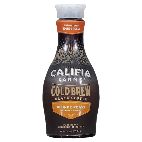 This Pure Black Blonde Roast Coffee is brewed to blend.
We cold-brew our coffee for a delicate, nuanced flavor that's easy to drink on its own and blends perfectly with Califia plant-based milks and creamers.
We spent hours perfecting our artisan brew so you can just wake, rise, and sip. Our 100% arabica beans are lightly roasted for a brighter, fruitier flavor — then patiently cold-brewed for a smooth, mellow sip that lets those notes of blackberry, brown sugar and cacao emerge. Whenever you're ready, Pure Black Blonde Roast Cold Brew is there to pour, blend, mix, or inspire your next coffee creation.