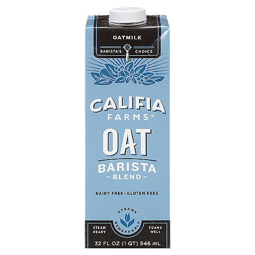Califia Farms Oat Barista Blend Oatmilk, 32 fl oz
A favorite of professional baristas and coffee lovers everywhere, Oat Barista Blend takes plant-based lattes to the next level.
This remarkable plant milk has enough structure and stretch to whip up frothy, full-bodied lattes with no dairy, gums, or gluten. Naturally creamy and subtly sweet, it steams, foams, blends, and sips as smooth as any milk, and leaves a pleasantly mild taste that lets you savor the flavor of your brew. Try our Oat Barista Blend in hot or iced coffee or tea, or froth it up into latte art. You can be your own barista in the comfort of your home kitchen—for simple creamy coffees or espresso masterpieces. Create away!