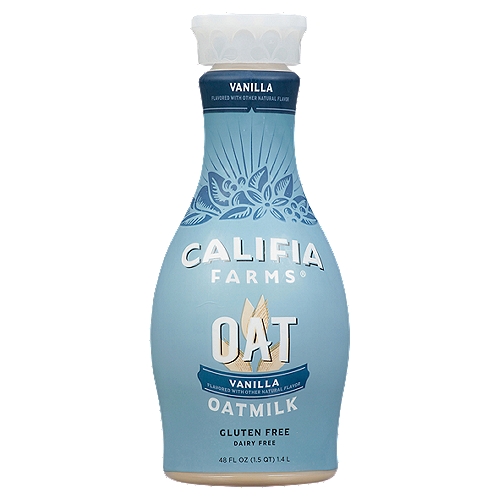 CALIFIA FARMS Vanilla Oatmilk, 48 fl oz
Delightfully creamy oat milk, enhanced with a hint of fragrant vanilla, gives an instant lift to your drinks, your recipes, and your mood, while also being an excellent source of calcium.

Our indulgently rich oat milk doesn't need much to make it delicious. Thanks to the starches in the oats, it has a natural malty sweetness and a smooth, velvety texture, much like dairy milk - no extra sweeteners, gums, or stabilizers needed. But a touch of vanilla makes everything better. It's cozy and uplifting and helps bring out the other flavors in your hot drinks, smoothies, baking, and more. It's a deliciously smooth swap from dairy. Find love at first taste.