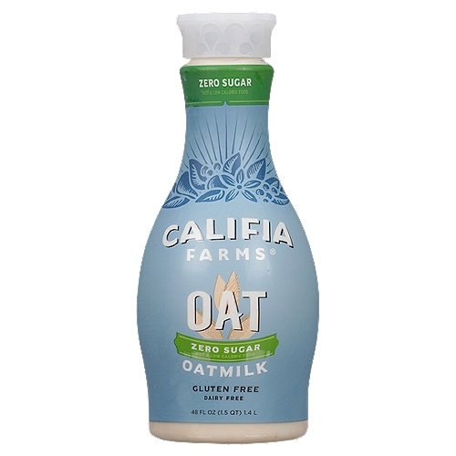 CALIFIA FARMS Zero Sugar Oatmilk, 48 fl oz
With the velvety texture and creaminess of this oat milk, you won't miss dairy milk again. Zero grams of sugar* per serving but still with all the rich, velvety texture you crave, Califia Farms Zero Sugar* Oatmilk is a deliciously smooth swap for dairy milk. 
It's made with gluten-free oats and is an excellent source of calcium, vitamin A and vitamin D. 
Perfect for all culinary applications from savory dishes and sweet baked treats to power smoothies after a workout, here is your new plant-based kitchen staple. 
Find love at first taste. *not a low calorie food