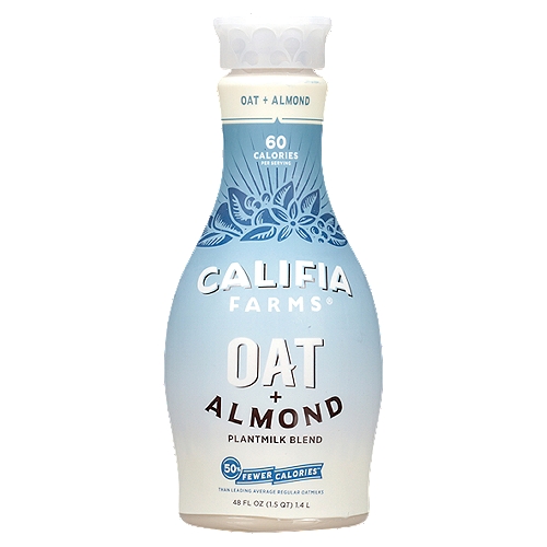 CALIFIA FARMS Oat + Almond Plantmilk Blend, 48 fl oz
Oat + Almond Plantmilk Blend gives you all the creaminess you crave from oat milk and the lightness you love from almond milk. It's a match made in heaven with half the calories of other regular oat milks plus it's an excellent source of calcium, vitamin A and vitamin D. Made with gluten-free oats. Perfect for all culinary applications from savory dishes to sweet baked treats, turn whatever you're making dairy-free with Oat + Almond Plantmilk Blend. Or sip it straight from a glass for a deliciously creamy plant-based milk. It's love at first taste.