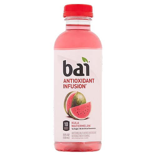 Bai Antioxidant Infusion Kula Watermelon Flavored Antioxidant Beverage, 18 fl oz
Watermelon Flavored Antioxidant Beverage with Vitamin C with Other Natural Flavors

1 net carb per serving (Erythritol carbs have no calories or effect on blood sugar)

Antioxidants (per bottle): 13.5mg vitamin C; 100mg polyphenols from tea and coffeefruit extracts

The rumors are true.
Watermelon is here, and it's making a splash. It's the sweet summer blockbuster your taste buds can't stop talking about. They're gushing, really. And with just 1 gram of sugar and no artificial sweeteners, we don't blame them.

Your tongue is like a red carpet, and the paparazzi are everywhere. Good thing this juicy flavor looks as good on camera as it tastes.