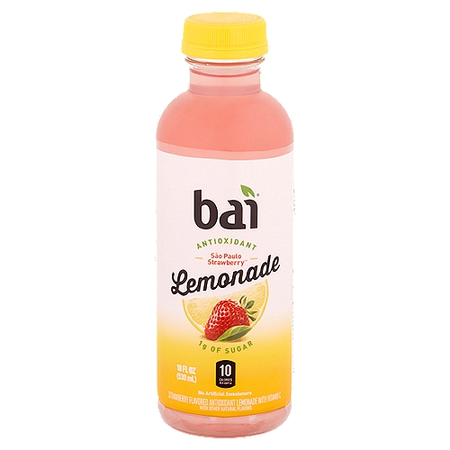 Bai São Paulo Strawberry Antioxidant Lemonade, 18 fl oz
Strawberry Flavored Antioxidant Lemonade with Vitamin C with Other Natural Flavors

1 net carb per serving (Erythritol carbs have no calories or effect on blood sugar)

Antioxidants (per bottle): 13.5 mg vitamin C; 100mg polyphenols from tea and coffeefruit extracts

Flavor So Binge-Worthy, You Could Stream It All Day Long.
With an epic combination bringing together the best of two fruity worlds, there's no way we could release this lemony sensation one bottle at a time. So we're dropping an entire season of strawberry taste you can sip for hours on end.

Just make sure you finish it in one sitting because everyone you know will be talking about how this one ends. Spoiler alert. This good-for-you flavor has just 1 gram of sugar.