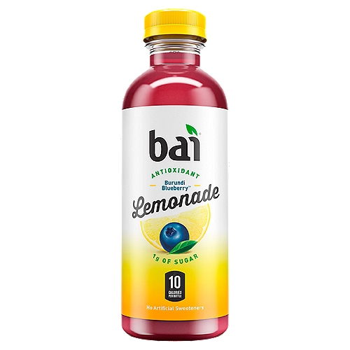 Bai Antioxidant Burundi Blueberry Lemonade
Blueberry Lemonade Flavored Antioxidant Beverage with Vitamin C with Other Natural Flavors

1 net carb per serving (Erythritol carbs have no calories or effect on blood sugar)
Antioxidants (per bottle): 13.5mg vitamin C; 100mg polyphenols from tea and coffeefruit extracts