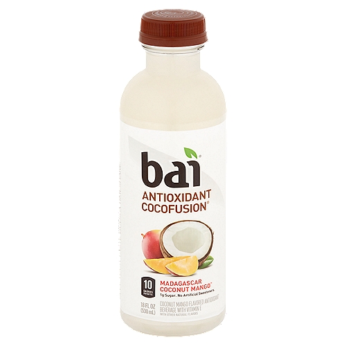 Bai Antioxidant Cocofusion Madagascar Coconut Mango Beverage, 18 fl oz
Coconut Mango Flavored Antioxidant Beverage with Vitamin E with Other Natural Flavors

Antioxidants (per bottle): 3.0mg vitamin E; 50mg polyphenols from green coffee bean and coffeefruit extracts

This delicious duo of coconut and mango could talk your taste buds into just about anything. But they don't need to use their powers of persuasion to sell you a vacation. Because with 1 gram of sugar and no artificial sweeteners, they'll take you to palm tree paradise any time you please.
And unlike trying to squeeze seventeen of your relatives into a beachfront condo, this tropical delight comes with zero compromise - or regret.

Tropical Flavor so Smooth, It Could Sell Your Taste Buds a Timeshare.