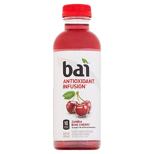Bai Antioxidant Infusion Zambia Bing Cherry Antioxidant Beverage, 18 fl oz
Cherry Flavored Antioxidant Beverage with Vitamin C with Other Natural Flavors

1 net carb per serving (Erythritol carbs have no calories or effect on blood sugar)
Antioxidants (per bottle): 13.5mg vitamin C; 100mg polyphenols from tea and coffeefruit extracts

When you open a bottle of Zambia Bing Cherry you start to wonder how it could be this great tasting and good for you. It's almost as if you would need some sort of delicious magic to make this happen.

You might think it's the bold flavor, 1g of sugar, and no artificial sweeteners that make this bottle so delicious. Or maybe you think a cherry godmother just whacked your taste buds with a flavor wand. But we'll never tell. Okay, you got us. It's the second one.