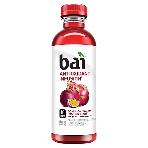 Bai Antioxidant Infusion Dominica Dragon Passion Fruit Antioxidant Beverage, 18 fl oz
Dragon Passion Fruit Flavored Antioxidants Beverage with Vitamin C

Dragon and passion fruit. One is a super-powered entity that has captivates the senses and imagine on of people for thousands of years. The other is a dragon. That's right - passion fruit is considered a super-fruit, and it packs a super punch of taste. Naturally we hunted it down, captured, and cultivated it for our own delicious purposes.

1 net carb per serving (Erythritol carbs have no calories or effect on blood sugar)
Antioxidants (per bottle): 13.5mg Vitamin C; 100mg polyphenols from tea and coffeefruit extracts