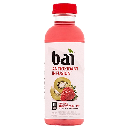 Bai Antioxidant Infusion Kupang Strawberry Kiwi Antioxidant Beverage, 18 fl oz
Strawberry Kiwi Flavored Antioxidants Beverage with Vitamin C

It's hard to remember a time before these flavors were together. It might have sounded odd at first, but strawberry and kiwi soon proved to be soul-tastes. Their delicious devotion has inspired generations of flavor combinations.

Now they're here again, this time with 1g of sugar and no artificial sweeteners. This legendary duo is truly living their best life.

A Flavor Marriage so Inspiring, it Should Have It's Own Rom-Com.

1 net carb per serving (Erythritol carbs have no calories or effect on blood sugar)
Antioxidants (per bottle): 13.5mg Vitamin C; 100mg polyphenols from tea and coffeefruit extracts