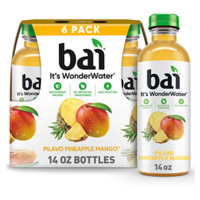 Bai Flavored Water, Pilavo Pineapple Mango, Antioxidant Infused Beverage, 14 fl oz Bottles, 6 Pack