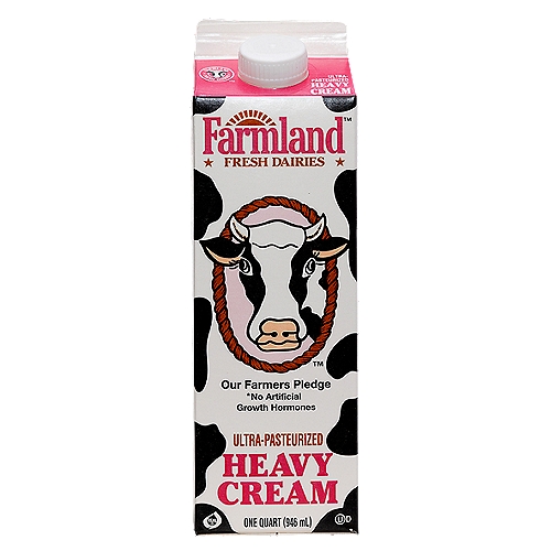 Farmland Fresh Dairies Heavy Cream, one quart
*No hormones added
*No antibiotics
*Our “rBST free” leadership is expanding to meet the growing demand for quality.
*Made from delicious 100% real milk produced from Cows not treated with rBST and tested for Beta-Lactam antibiotics. *The FDA has found no significant difference from milk derived from rBST treated cows and those not treated. For further information, please visit our website or call our consumer affairs department.