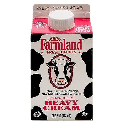 Farmland Fresh Dairies Heavy Cream, one pint
*No hormones added, **no antibiotics.
**Made from delicious 100% real milk produced from cows not treated with rBST and tested for beta-lactam antibiotics.. *The FDA has found no significant difference from milk derived from rBST treated cows and those not treated. For further information, please visit our website or call our consumer affairs department.