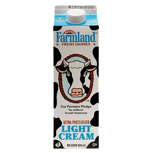 Farmland Fresh Dairies Light Cream, one quart
*No hormones added, **no antibiotics.
**Made from delicious 100% real milk produced from cows not treated with rBST and tested for beta-lactam antibiotics.. *The FDA has found no significant difference from milk derived from rBST treated cows and those not treated. For further information, please visit our website or call our consumer affairs department.