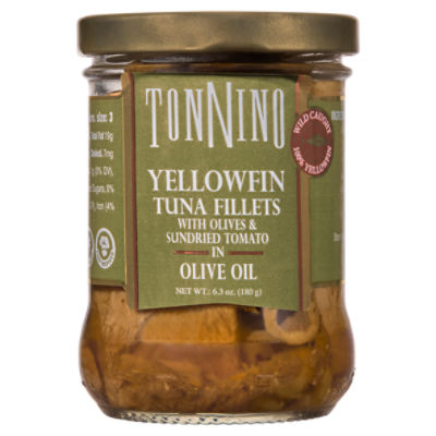 Tonnino Yellowfin Tuna Fillets with Olives & Sundried Tomato in Olive Oil, 6.3 oz