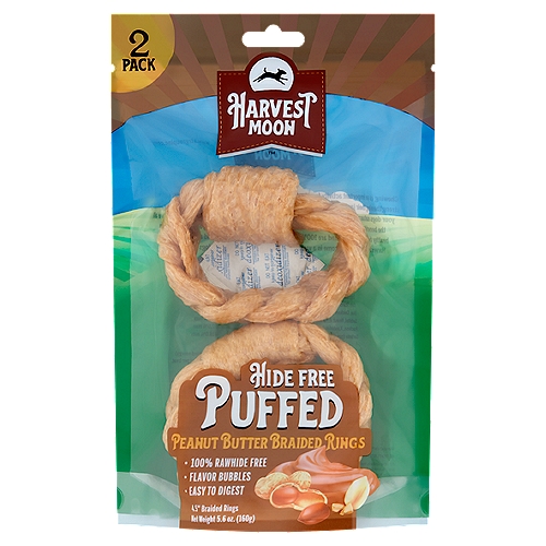Harvest Moon 4.5'' Hide Free Puffed Peanut Butter Braided Rings Dog Chews, 2 count, 5.6 oz