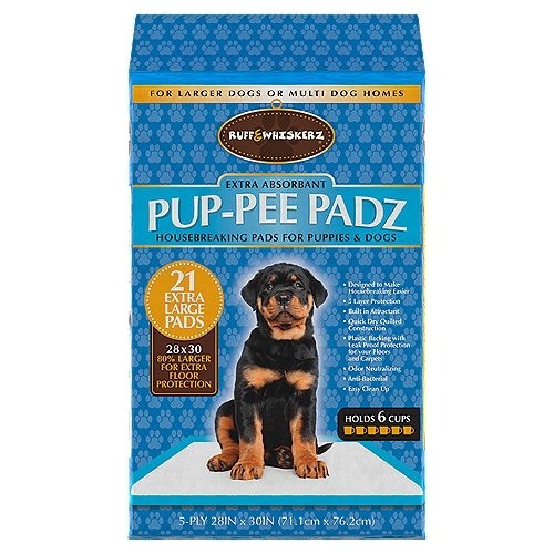 Ruff & Whiskerz Pup-Pee Padz Extra Absorbant 5-Ply Extra Large Pads, 21 count
5 Layers of Protection
1st layer: Non-woven fabric
2nd layer: Tissue paper
3rd layer: Fluff pulp and super absorbent polymer
4th layer: Tissue paper
5th layer: Waterproof PE film

Run. Play. Good Dog.™