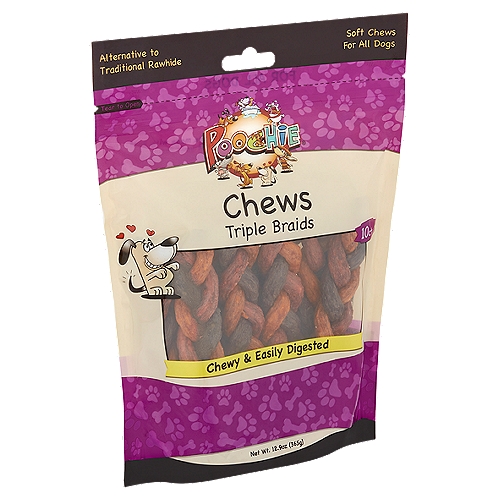 Poochie Chews Mini Triple Braid Beefhide Treats for Dogs Value Pack, 10 count, 12.9 oz
Chews Mini Triple Braid Beef, Bacon & Cheese Flavored Beefhide Treats for Dogs

Feeding your dog a Poochie Chew daily will help promote white teeth and healthy gums. The chewy texture will help clean above and below the dog's gum line. We use beefhide and quality flavors combined with a unique high heat extrusion process to make a chew your dog will love! Since this is a unique product, the degree of flexibility will vary for each chew.