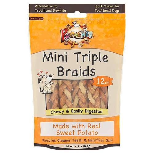 Poochie Mini Triple Braids Soft Chews for Toy/Small Dogs, 12 count, 4.5 oz
Chewy and easily digested, Poochie Mini Triple Braids are made with real sweet potato in a paw lickin' twist to ensure your dogs total satisfaction. This rawhide alternative tastes great and even helps clean your dogs teeth too!