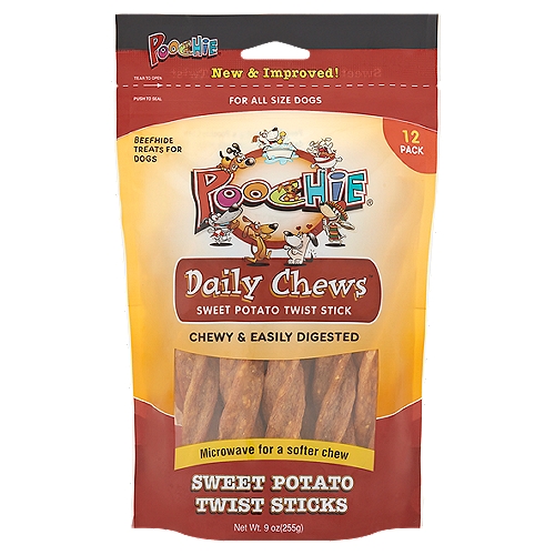 Poochie Daily Chews Sweet Potato Flavored Twist Stick Beefhide Treats for Dogs, 12 count, 9 oz
Feeding your dog a Poochie Chew daily will help promote white teeth and healthy gums. The chewy texture will help clean above and below the dog's gum line. We use beefhide and quality flavors combined with a unique high heat extrusion process to make a chew your dog will love! Since this is a unique product, the degree of flexibility will vary for each chew. For a softer chew, microwave for 10-15 seconds. Select the appropriate chew size for your dog.