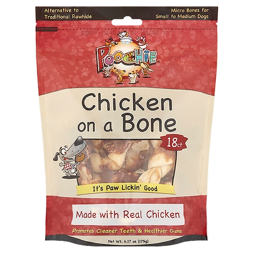 Poochie Chicken on a Bone Dog Treats, 18 count, 6.17 oz
Poochie Chicken on a Bone helps promote white teeth and healthy gums! Using real marinated chicken breasts for a flavor your dog won't be able to resist, our special floss styled ends coated in minced chicken will help clean your dogs teeth too!