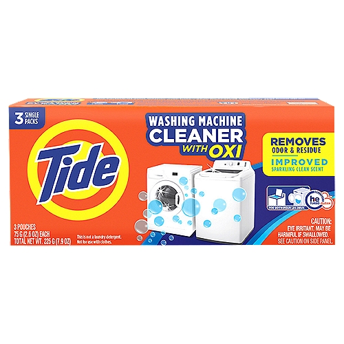 Tide Washing Machine Cleaner, 2.6 oz, 3 count
Superior Odor & Residue Removal*
*vs leading competitor

For Both HE Turbo Clean™

Tide's oxygenated formula helps remove odor causing residues** that build up on the surface of your washer over time - even from areas you can't see.
**Residues found in washing machines from laundry soils, detergent residue, and water hardness minerals.