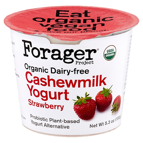 Forager Project Organic Dairy-Free Strawberry Cashewmilk Yogurt Alternative, 5.3 oz
Probiotic Plant-based Yogurt Alternative

Live Active Cultures: S. Thermophilus, L. Bulgaricus, L. Acidophilus, Bifidus, L. Lactis, L. Plantarum.

Our creamy cashewmilk yogurt is traditionally cultured using organic cashews & live active probiotics. 
Simple, whole, organic ingredients. Think about your food.