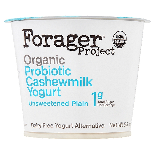 Forager Project Organic Unsweetened Plain Probiotic Cashewmilk Dairy Free Yogurt Alternative, 5.3 oz
1g total sugar per serving‡
‡ This product is not a low-calorie food. See nutritional facts for calorie, fat, and total sugar content.

Live Active Cultures: S. Thermophilus, L. Bulgaricus, L. Acidophilus, Bifidus, L. Lactis, L. Plantarum.