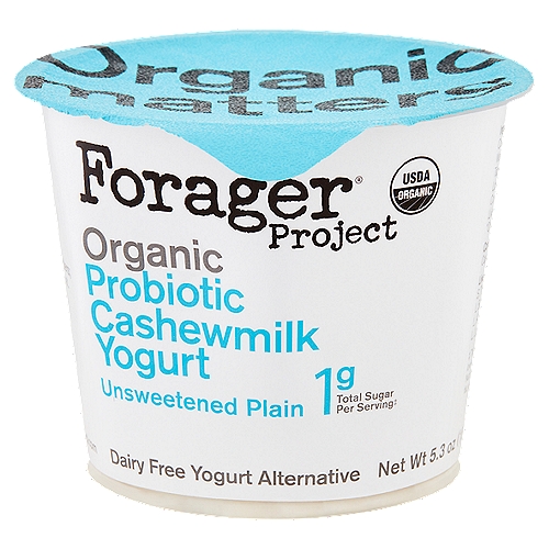 Forager Project Organic Unsweetened Plain Probiotic Cashewmilk Dairy Free Yogurt Alternative, 5.3 oz
1g total sugar per serving‡
‡ This product is not a low-calorie food. See nutritional facts for calorie, fat, and total sugar content.

Live Active Cultures: S. Thermophilus, L. Bulgaricus, L. Acidophilus, Bifidus, L. Lactis, L. Plantarum.
