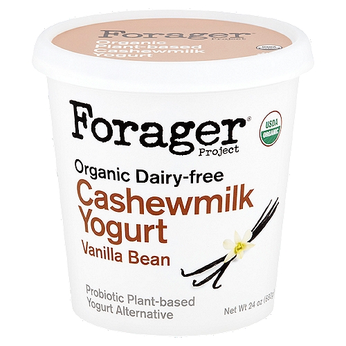 Forager Project Organic Dairy-Free Vanilla Bean Cashewmilk Yogurt, 24 oz
Probiotic Plant-Based Yogurt Alternative

Live Active Cultures:
S. Thermophilus, L. Bulgaricus, L. Acidophilus, Bifidus, L. Lactis, L. Plantarum.

Our creamy cashewmilk yogurt is traditionally cultured using organic cashews & live active probiotics. It's perfect on its own or as part of your favorite recipe.
Simple, whole, organic ingredients. Think about your food.