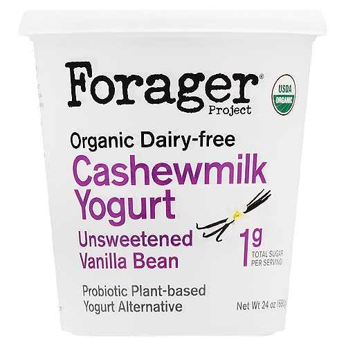 Forager Project Organic Dairy-Free Unsweetened Vanilla Bean Cashewmilk Yogurt, 24 oz
Probiotic Plant-Based Yogurt Alternative

1g Total Sugar per Serving‡
‡ This product is not a low-calorie food. See nutritional facts for calorie, fat, and total sugar content.

Perfect on its own or as part of your favorite recipe, our creamy Cashewmilk Yogurt is traditionally cultured using organic cashews & live active probiotics.
Let good food be.

Live Active Cultures:
S. Thermophilus, L. Bulgaricus, L. Acidophilus, Bifidus, L. Lactis, L. Plantarum.