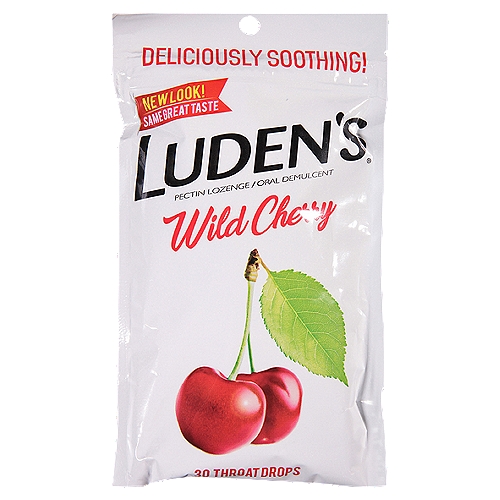 LUDEN'S Wild Cherry Throat Drops, 30 count
Drug Facts
Active Ingredient (in each drop) - Purpose
Pectin 2.8 mg - Oral Demulcent

Uses
For temporary relief of minor discomfort and protection of irritated areas in sore mouth and sore throat.