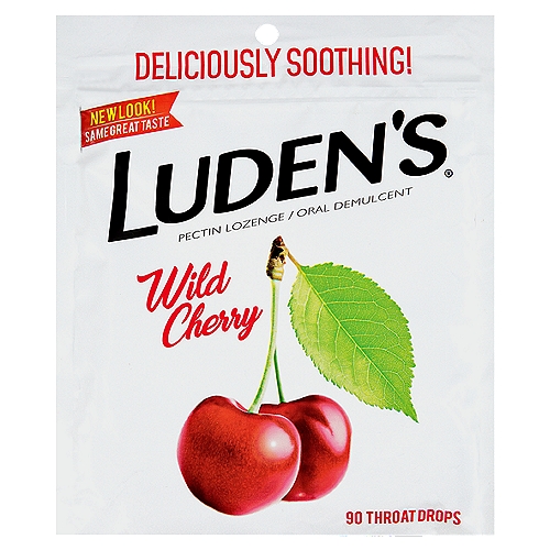 LUDEN'S Wild Cherry Throat Drops, 90 counts
Drug Facts
Active ingredient (in each drop) - Purpose
Pectin 2.8 mg - Oral demulcent

Uses
For temporary relief of minor discomfort and protection of irritated areas in sore mouth and sore throat.
