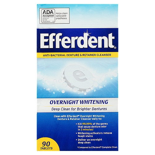 Efferdent Overnight Whitening Anti-Bacterial Denture Cleanser Tablets, 90 count
Use Efferdent® Overnight Whitening Denture Cleanser every night to:
• Kill 99.9% of the germs that cause denture odor.
• Dissolve tough stains overnight in hard-to-reach places, even in between dentures.
• Reduce plaque buildup and remove food particles that can cause gum irritation.
• Keep dentures bright.

"The ADA Council on Scientific Affairs' Acceptance of Efferdent® is based on its finding that the product is safe and has shown efficiency in cleaning removable prostheses, when used as directed."
Council on Scientific Affairs American Dental Association®