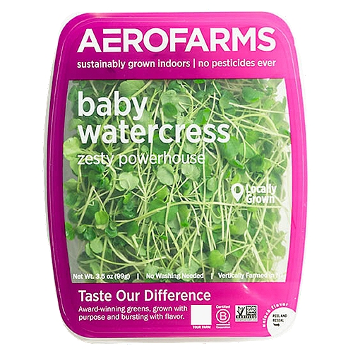AeroFarms Baby Watercress, 3.5 oz
Taste Our Difference
Award-winning greens, grown with purpose and bursting with flavor.

Why Our Baby Watercress?
Zesty and bright with a juicy finish
High in antoxidant, vitamin C and vitamin A
Ideal for salads, snacks and sandwiches
Grown with up to 95% less water and 99% less land vs. field farming

Jersey Fresh®