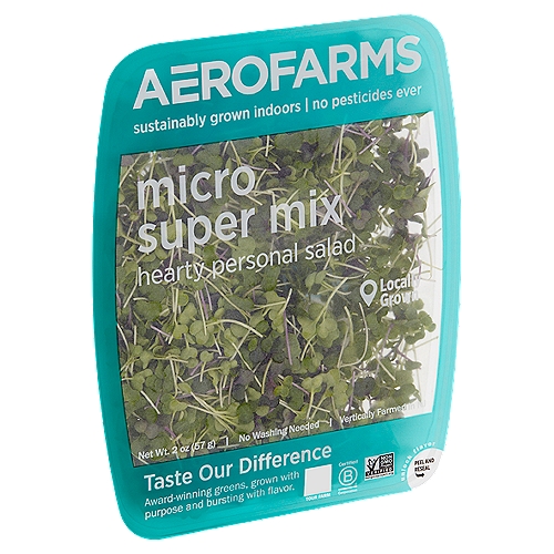AeroFarms Micro Super Mix, 2 oz
Taste Our Difference
Award-winning greens, grown with purpose and bursting with flavor.

A powerhouse blend of red cabbage, sweet kale and juicy bok choy microgreens
Microgreens can contain 5x more vitamins than their mature plant counterparts per U.S. Dept. of Agriculture
Safely grown with up to 95% less water and 99% less land vs. field farming

Jersey Fresh®