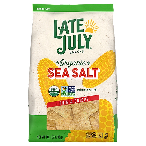 LATE JULY Snacks Sea Salt Thin and Crispy Organic Tortilla Chips, 10.1 oz. Bag
The perfect party chips! Authentic restaurant style tortilla chips rolled extra thin. The best parties need a few simple things- great friends, good stories and delicious food! These three things always come back together around a big bowl of delicious tortilla chips and homemade salsa. That's why we take so much care in making these the perfect party chips. We hope you love them as much as we do! Late July is the sweet spot of summer. It's a moment in time when life is simple, pure & good. It's also our name and philosophy on snack-making. We care deeply about using organic and non-GMO ingredients and no artificial flavors or preservatives.