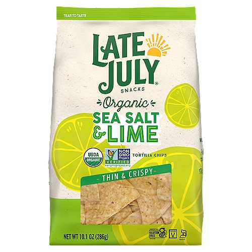 Late July Snacks Organic Sea Salt & Lime Tortilla Chips, 10.1 oz
Let the good times roll with Late July Snacks Thin and Crispy Organic Tortilla Chips with Sea Salt and Lime. A refreshing twist on a classic, Late July Sea Salt and Lime Chips are made with real lime and seasoned with sea salt. These restaurant style tortilla chips have a thin and crispy texture that perfectly complements authentic salsa. Crafted with whole ground corn, our corn tortilla chips are USDA Certified Organic and Non-GMO Project Verified. Each 10.1-ounce bag contains 10 servings.