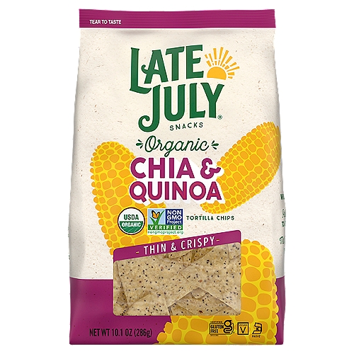 Late July Snacks Organic Chia & Quinoa Tortilla Chips, 10.1 oz
The best parties only need a few simple ingredients - good friends, good stories and great food. For us that means a big bowl of our authentic restaurant-style Chia & Quinoa Thin & Crispy Organic Tortilla Chips. Our authentic restaurant-style Chia & Quinoa Tortilla Chips are crafted with the finest ingredients including organic chia seed and quinoa. Their melt-in-your-mouth, thin & crispy texture makes them the perfect chip to get the party started! Late July is the sweet spot of summer. It's a moment in time when life is simple, pure and good. And our tortilla chips take you there, any time of the year! Since 2003, we have been obsessed with crafting the world's most delicious snacks with only the finest organic and non-GMO ingredients. We have a delicious new look, and the same amazingly crafted taste. The 10.1-oz. bag is perfect for sharing. We hope you'll love them as much as we do! Thanks for snacking with us.