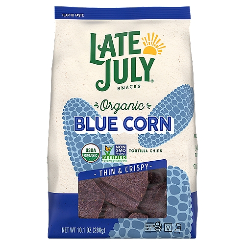 LATE JULY Snacks Blue Corn Thin & Crispy Organic Tortilla Chips, 10.1 oz. Bag
The perfect party chips! Authentic restaurant style tortilla chips, but made with blue corn! The best parties need a few simple things- great friends, good stories and delicious food! These three things always come back together around a big bowl of delicious tortilla chips and homemade salsa. We hope you love them as much as we do! Late July is the sweet spot of summer. It's a moment in time when life is simple, pure & good. It's also our name and philosophy on snack-making. We care deeply about using organic and non-GMO ingredients and no artificial flavors, colors and preservatives.