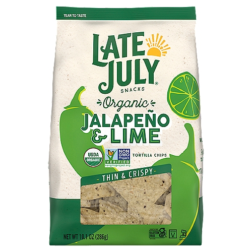 Late July Snacks Organic Jalapeño & Lime Thin & Crispy Tortilla Chips, 10.1 oz
The best parties only need a few simple ingredients - good friends, good stories and great food. For us that means a big bowl of our authentic restaurant-style Jalapeño and Lime Organic Tortilla Chips and salsa. Our authentic Jalapeño and Lime Organic Tortilla Chips deliver the heat of jalapeño and the refreshing taste of lime. Their melt-in-your-mouth, thin & crispy texture makes them the perfect chip to get the party started! Late July is the sweet spot of summer. It's a moment in time when life is simple, pure and good. And our tortilla chips take you there, any time of the year! Since 2003, we have been obsessed with crafting the world's most delicious snacks with only the finest organic and non-GMO ingredients. The 10.1-oz. bag is perfect for sharing. We hope you'll love them as much as we do! Thanks for snacking with us.